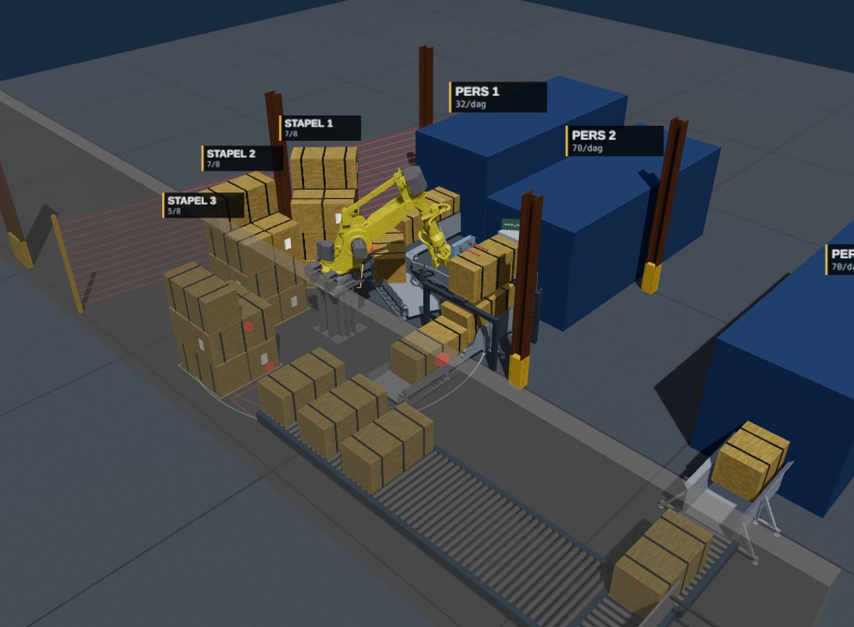 3D-simulatie van een robotcel die vlasbalen stapelt